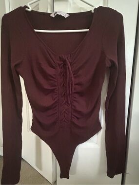 SO Maroon Lace-Up Ribbed Long Sleeve Bodysuit